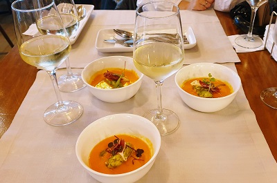 white wine paired with avocado and mango salmorejo